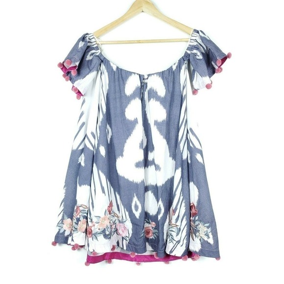 Pankaj & Nidhi Anthropologie Dress XS Off Shoulder Ikat Pom Pom Tassel Mini - Picture 5 of 10